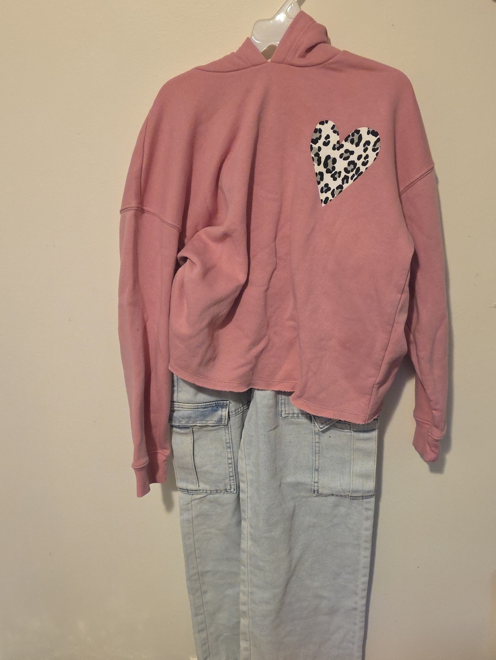 2 Piece Outfit- Pink Cropped Hoodie with Leopard Heart and Vanilla Star Jeans